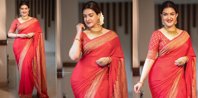ചുവപ്പ് സാരിയില്‍ ദേവതയെ പോലെ തിളങ്ങി ഹണി റോസ്; മനം കവര്‍ന്ന് ചിത്രങ്ങള്‍