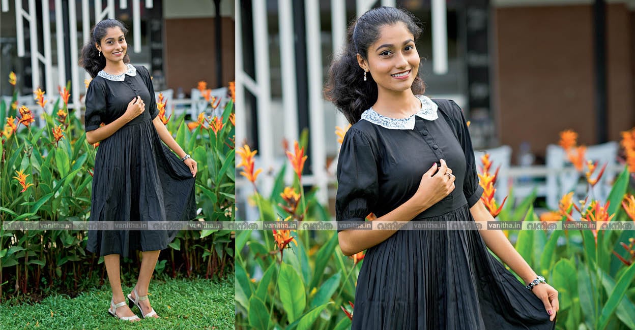 How to Sew a Modern Frock with Contrast Collar മോഡൽ: സഞ്ജന എം. പൈ, ഫോട്ടോ: ശ്രീകാന്ത് കളരിക്കൽ, ലൊക്കേഷൻ: Kargreen Restaurant, കോട്ടയം