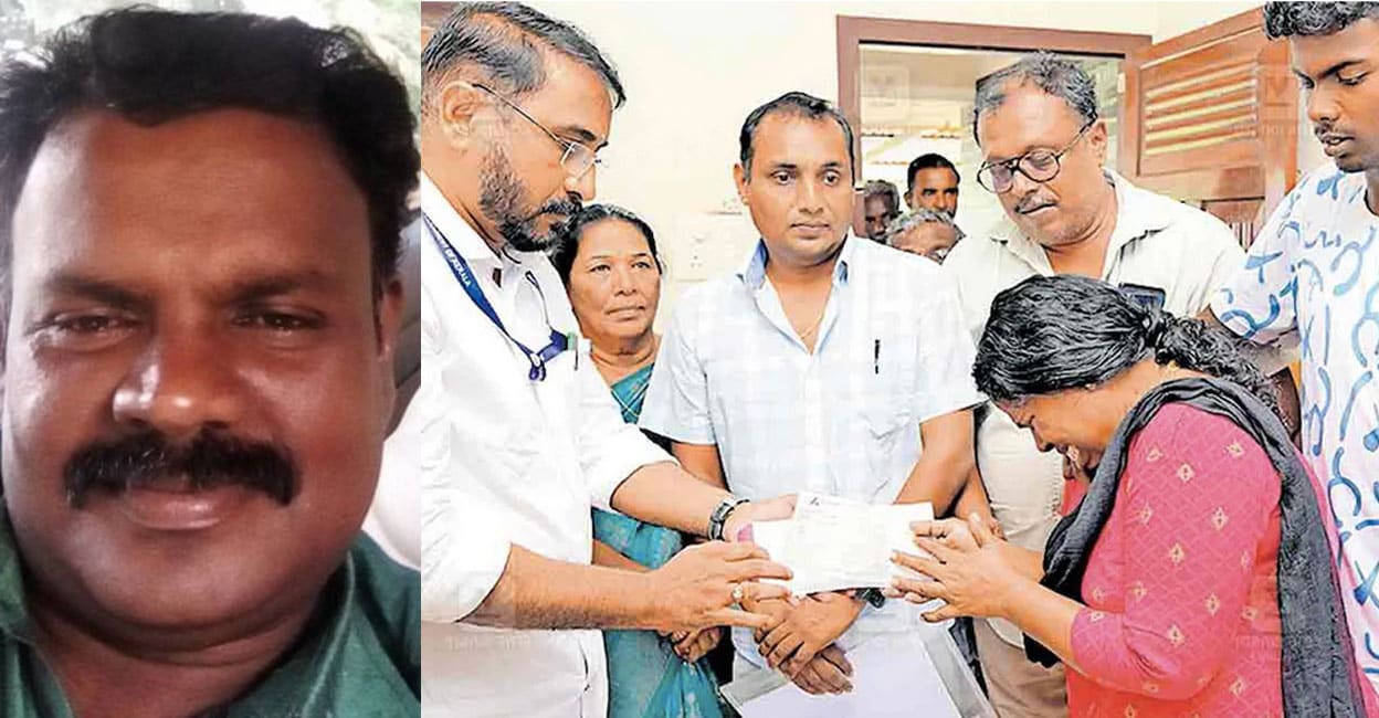 തുറവൂരിൽ ഗർഡർ തകർന്നു വീണ അപകടത്തിൽ മരിച്ച ഹരിപ്പാട് പള്ളിപ്പാട് സ്വദേശി സി.ആർ രാജേഷിന്റെ വീട്ടിലെത്തി തഹസിൽദാർ ബി.പ്രദീപ് നിർമാണ കമ്പനി നൽകിയ നഷ്ടപരിഹാര തുകയായ 25 ലക്ഷം രൂപയുടെ ഡിഡി കൈമാറിയപ്പോൾ രാജേഷിന്റെ ഭാര്യ ഷൈലജയും മക്കളായ ജിഷ്ണുവും കൃഷ്ണവേണിയും പൊട്ടിക്കരയുന്നു. ചിത്രം: മനോരമ