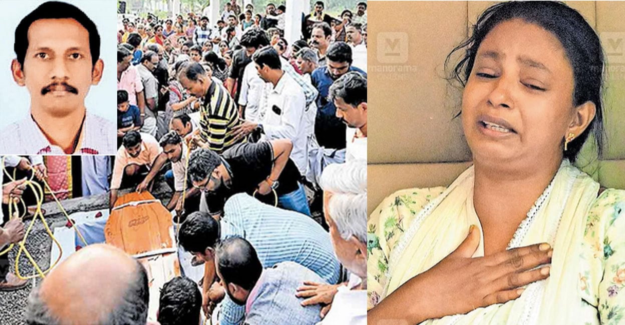 ബിഎൽഒ അനീഷ് ജോർജിന്റെ മൃതദേഹം പള്ളിയിലേക്കു കൊണ്ടുപോകാൻ ആംബുലൻസിൽ കയറ്റിയപ്പോൾ കരയുന്ന ഭാര്യ പാമിലചിത്രം: ആറ്റ്‌ലി ഫെർണാണ്ടസ് / മനോരമ

