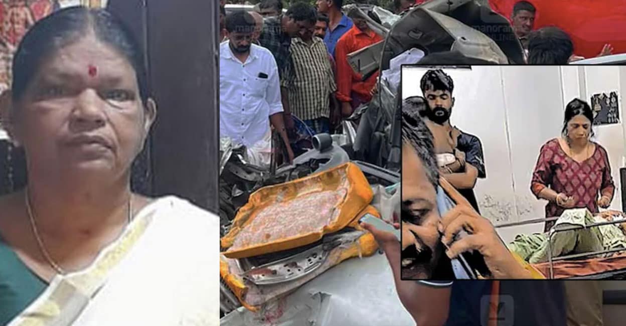 karuvatta-alappuzha-accident മരിച്ച സരസ്വതിയമ്മ (ഇടത്ത്), ദേശീയപാതയിൽ ഹരിപ്പാട് കരുവാറ്റയിൽ കെഎസ്ആർടിസി ബസും കാറും കൂട്ടിയിടിച്ചുണ്ടായ അപകടത്തിൽ പരുക്കേറ്റ9 മാസം പ്രായമായ അനുജൻ അഭിരാമിനെ എടുത്തുകൊണ്ട് അമ്മ ശ്രീകലയ്ക്കൊപ്പം (കട്ടിലിൽ കിടക്കുന്നു) ആലപ്പുഴ ഗവ. മെഡിക്കൽ കോളജ് ആശുപത്രി അത്യാഹിത വിഭാഗത്തിൽ നിൽക്കുന്ന അഭിഷേക്. ചിത്രം: മനോരമ)