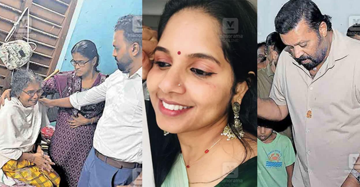 ranjitha-11 1) വിമാനാപകടത്തിൽ മരിച്ച പുല്ലാട് സ്വദേശി രഞ്ജിത ആർ.നായരുടെ വീട്ടിലെത്തിയ കേന്ദ്രമന്ത്രി സുരേഷ് ഗോപി കുടുംബാംഗങ്ങളെ ആശ്വസിപ്പിച്ച ശേഷം മടങ്ങുന്നു. ചിത്രം: മനോരമ 2) കലക്ടർ എസ്. പ്രേം കൃഷ്ണൻ രഞ്ജിതയുടെ അമ്മയെ ആശ്വസിപ്പിക്കുന്നു
