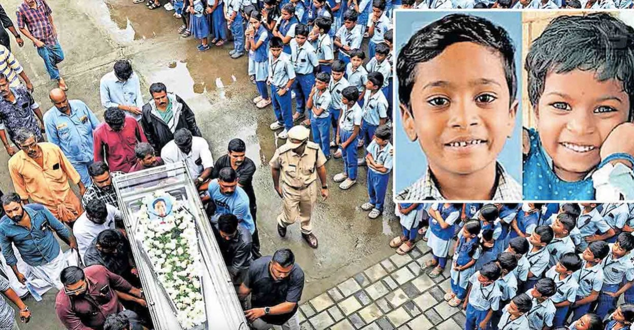 children-demise-2 കാറിനു തീപിടിച്ചു മരിച്ച 6 വയസ്സുകാരൻ ആൽഫ്രഡ് മാർട്ടിന്റെയും സഹോദരി എമിലീന മരിയ മാർട്ടിന്റെയും (ചിത്രത്തിലില്ല) മൃതദേഹങ്ങൾ പൊൽപുള്ളി കെവിഎംയുപി സ്കൂളിൽ എത്തിച്ചപ്പോൾ അന്ത്യോപചാരമർപ്പിക്കാനായി കാത്തുനിൽക്കുന്ന സഹപാഠികൾ. ചിത്രം: മനോരമ