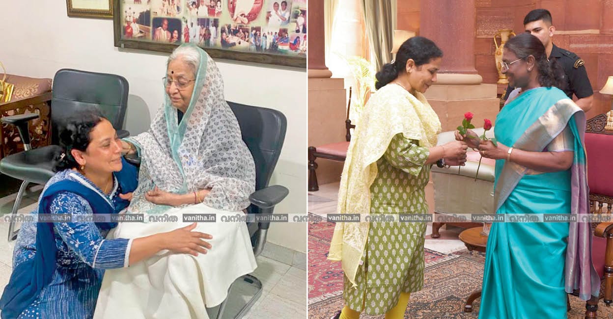 മുൻ രാഷ്ട്രപതി പ്രതിഭാ പാട്ടീലിനൊപ്പവും രാഷ്ട്രപതി ദ്രൗപദി മുർമുവിനൊപ്പവും ബിന്ദു ഷാജി