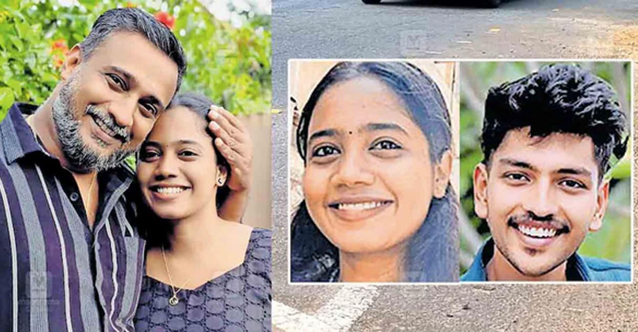 1) ദേവീകൃഷ്ണ പിതാവ് പ്രമോദിനൊപ്പം. 2) ബൈക്കിനു പിന്നിൽ ലോറിയിടിച്ചു മരിച്ച ( ദേവി കൃഷ്ണ, ജെ.എസ്.അമൽ,) 